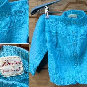 Vintage Hand Knit Baby Cardigan Sweater Blue Owl Design 9–12M